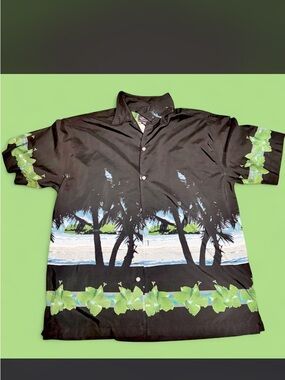 Sonoma Black Tropical Palm Print Button-Down Shirt with Green Accents
